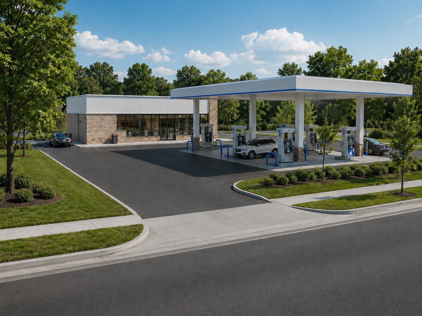 Modern gas station civil works project with site access entrance
